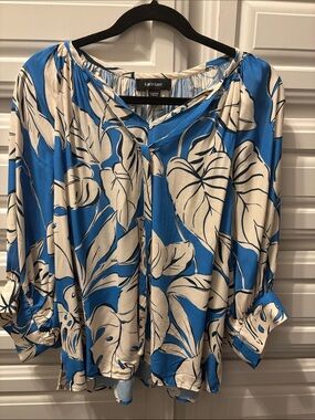 Karen Kane Blue and Cream Tropical Print Blouse, S